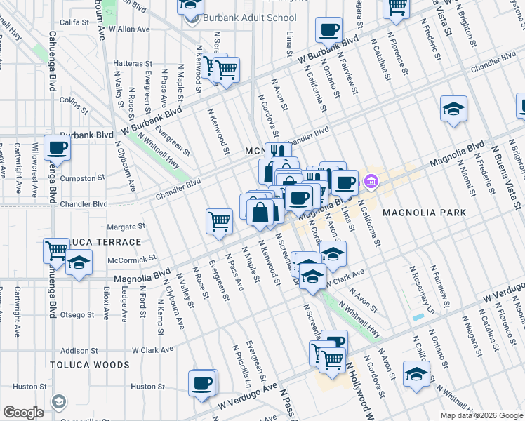 map of restaurants, bars, coffee shops, grocery stores, and more near 1025 North Screenland Drive in Burbank