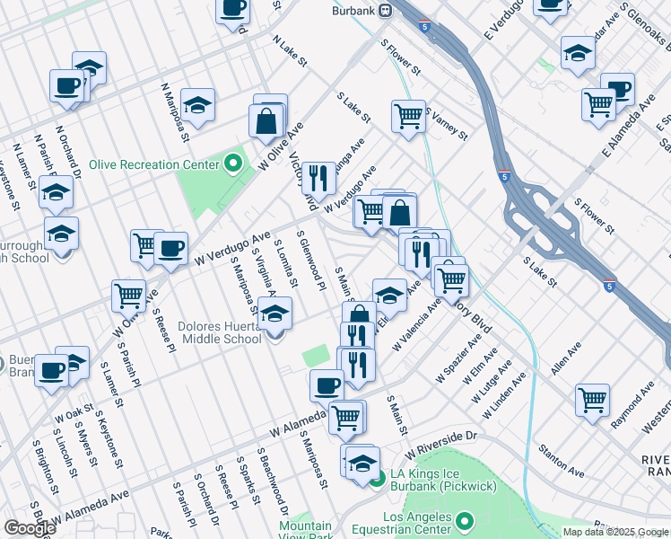 map of restaurants, bars, coffee shops, grocery stores, and more near 521 South Main Street in Burbank