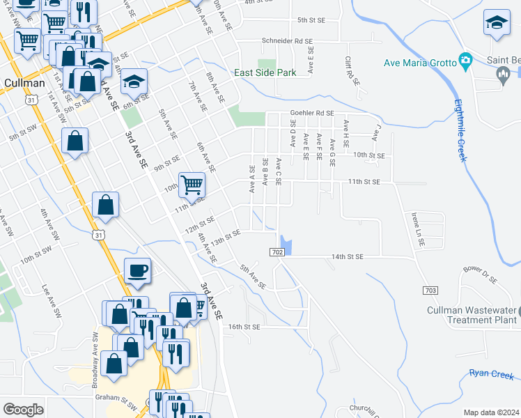 map of restaurants, bars, coffee shops, grocery stores, and more near 1318 12th Street Southeast in Cullman