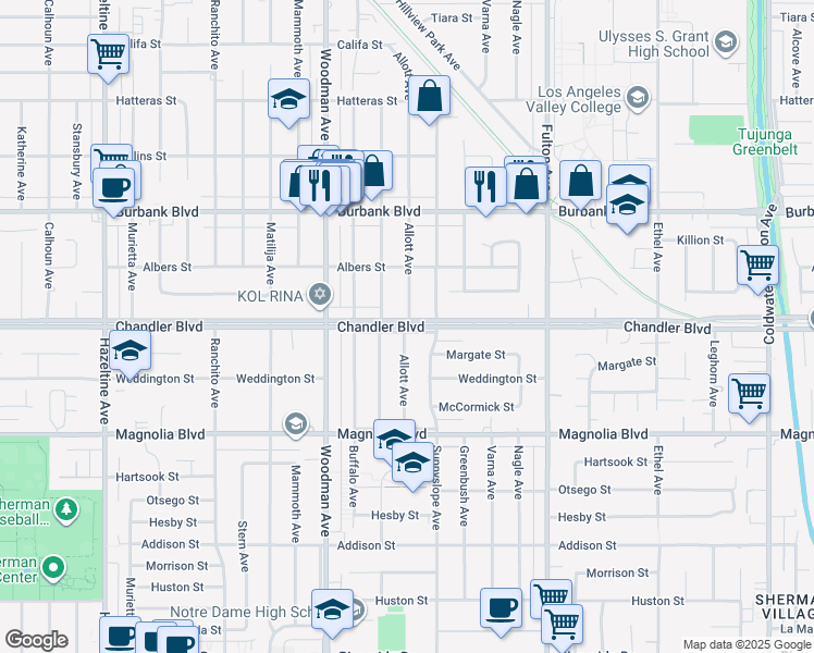 map of restaurants, bars, coffee shops, grocery stores, and more near 5393 Allott Avenue in Los Angeles