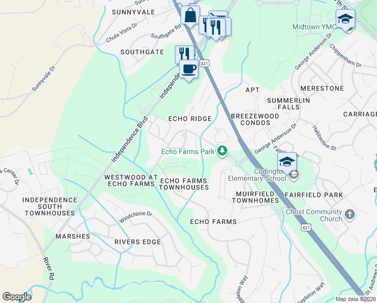 map of restaurants, bars, coffee shops, grocery stores, and more near 3972 Echo Farms Boulevard in Wilmington