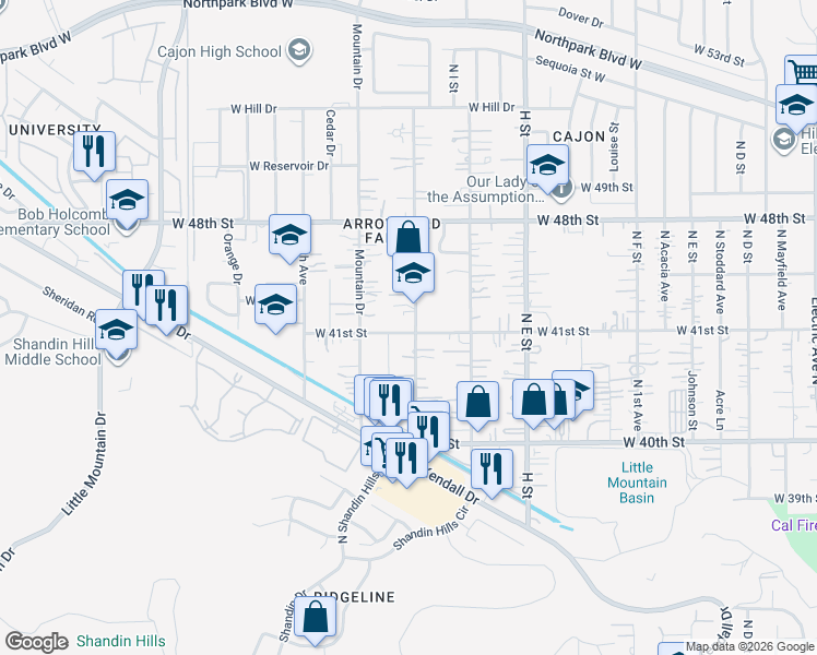 map of restaurants, bars, coffee shops, grocery stores, and more near 4108 North 3rd Avenue in San Bernardino County