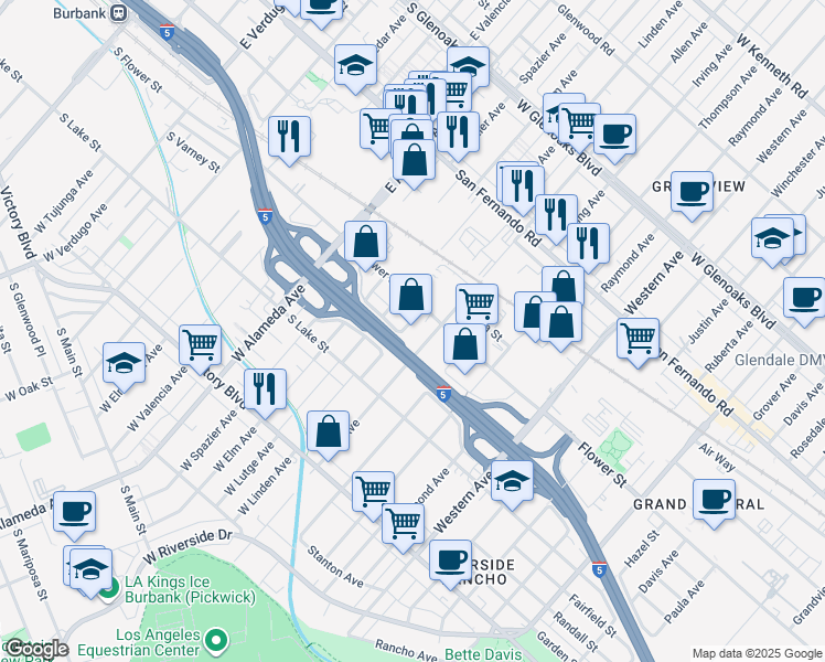 map of restaurants, bars, coffee shops, grocery stores, and more near 122 West Linden Court in Burbank