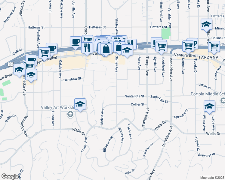 map of restaurants, bars, coffee shops, grocery stores, and more near 5343 Shirley Avenue in Los Angeles