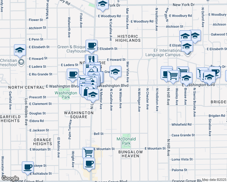 map of restaurants, bars, coffee shops, grocery stores, and more near 1300 North Catalina Avenue in Pasadena