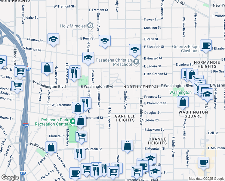 map of restaurants, bars, coffee shops, grocery stores, and more near 248 East Washington Boulevard in Pasadena