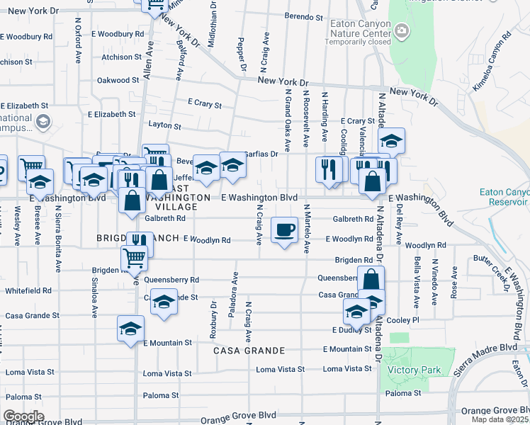 map of restaurants, bars, coffee shops, grocery stores, and more near 1282 North Craig Avenue in Pasadena