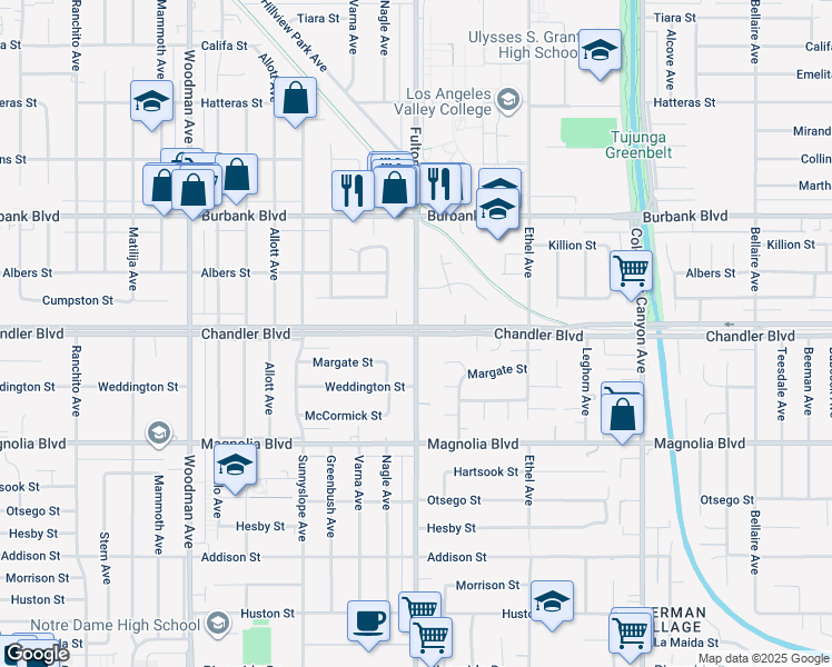 map of restaurants, bars, coffee shops, grocery stores, and more near 13248 Chandler Boulevard in Los Angeles