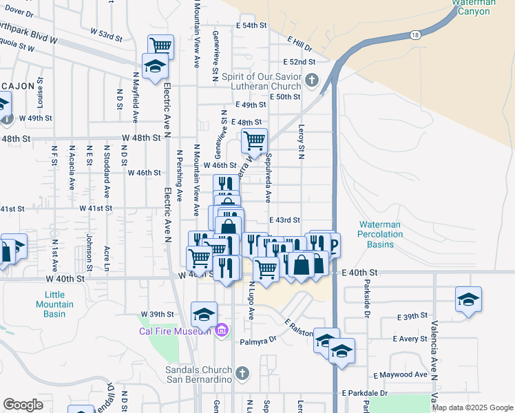 map of restaurants, bars, coffee shops, grocery stores, and more near 175 East 44th Street in San Bernardino