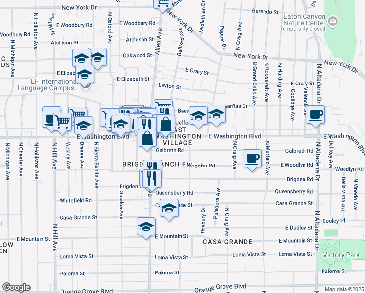map of restaurants, bars, coffee shops, grocery stores, and more near 1965 Galbreth Road in Pasadena