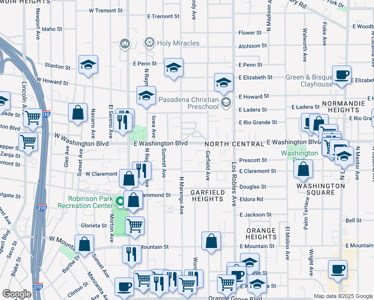 map of restaurants, bars, coffee shops, grocery stores, and more near 1318 North Marengo Avenue in Pasadena