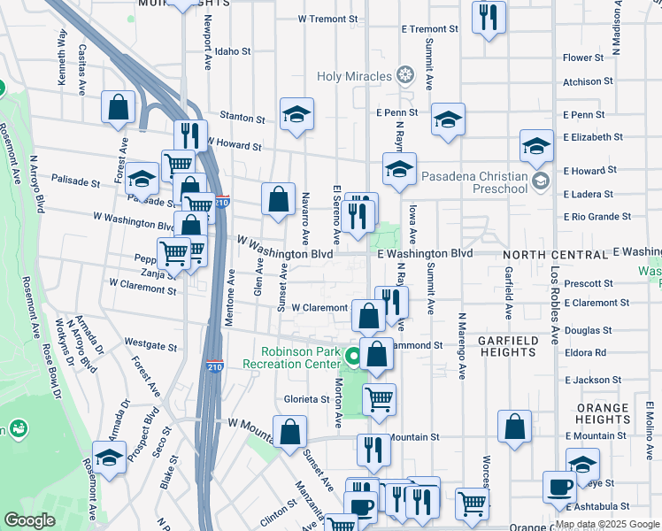 map of restaurants, bars, coffee shops, grocery stores, and more near 66 West Washington Boulevard in Pasadena