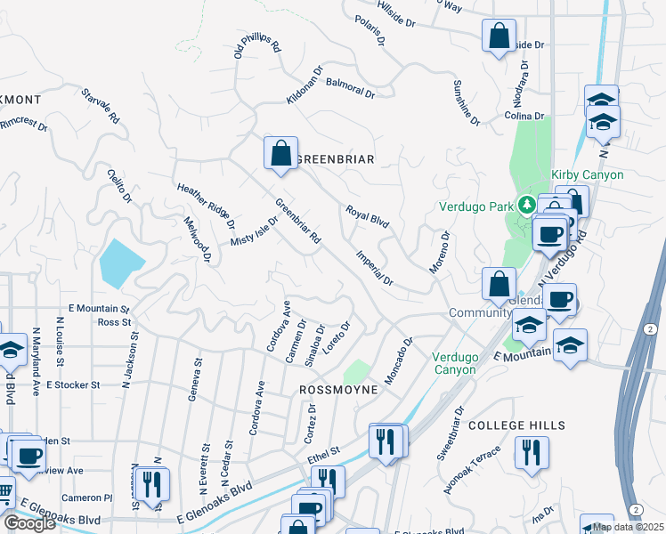 map of restaurants, bars, coffee shops, grocery stores, and more near 1410 Greenbriar Road in Glendale