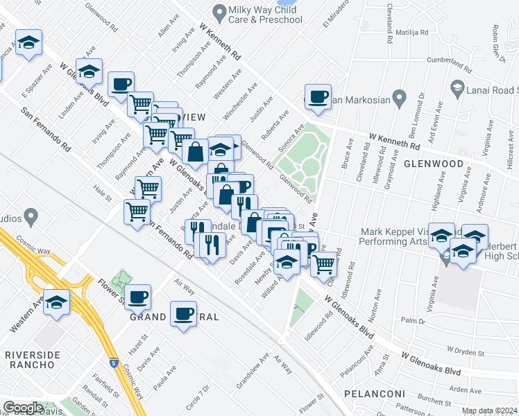map of restaurants, bars, coffee shops, grocery stores, and more near 1412 5th Street in Glendale