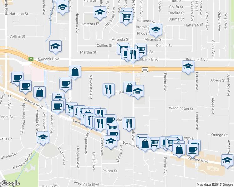 map of restaurants, bars, coffee shops, grocery stores, and more near 5353 Yarmouth Avenue in Los Angeles