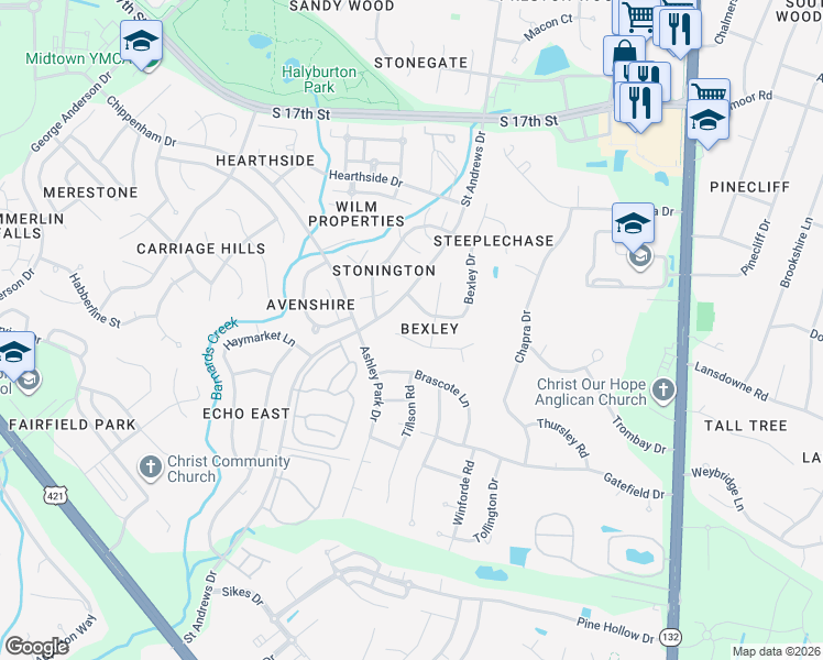 map of restaurants, bars, coffee shops, grocery stores, and more near 4305 Fireside Court in Wilmington