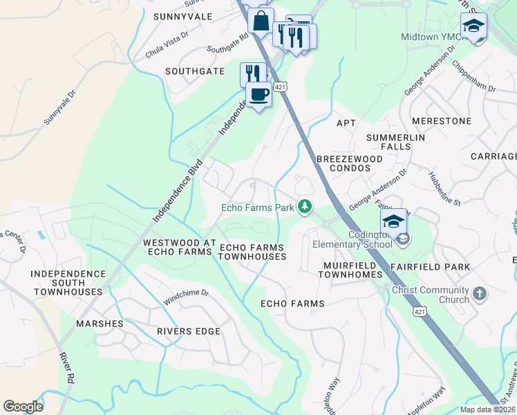 map of restaurants, bars, coffee shops, grocery stores, and more near 3972 Echo Farms Boulevard in Wilmington