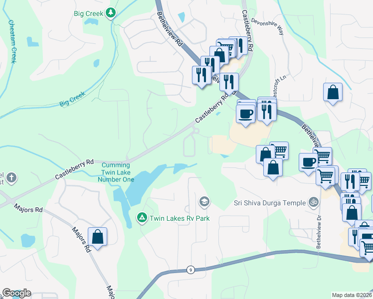 map of restaurants, bars, coffee shops, grocery stores, and more near 5945 Redstone Way in Cumming