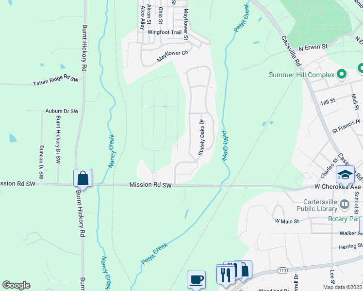 map of restaurants, bars, coffee shops, grocery stores, and more near 44 Westover Rd in Cartersville