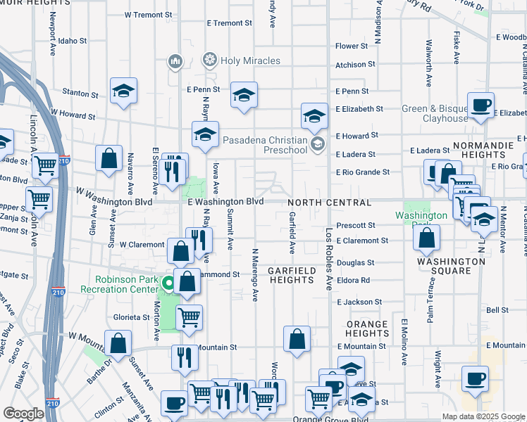 map of restaurants, bars, coffee shops, grocery stores, and more near 248 East Washington Boulevard in Pasadena