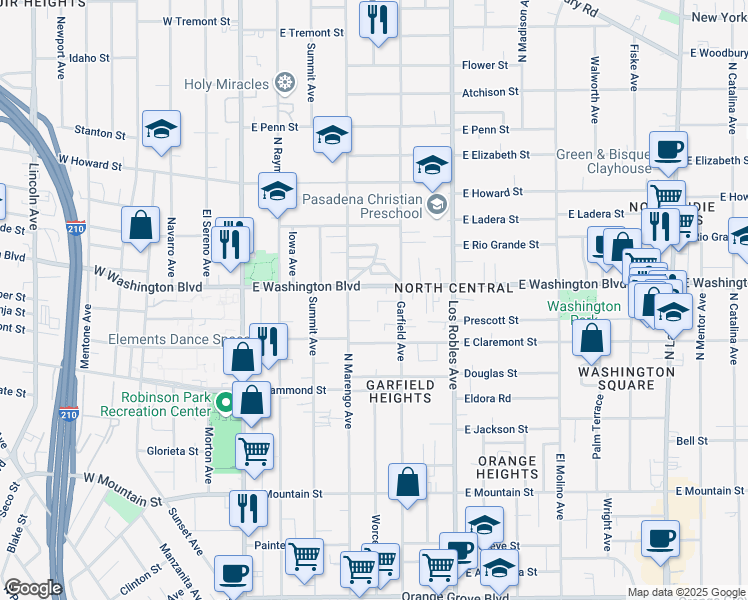 map of restaurants, bars, coffee shops, grocery stores, and more near 264 East Washington Boulevard in Pasadena