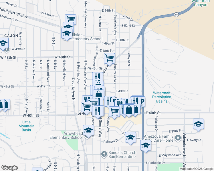 map of restaurants, bars, coffee shops, grocery stores, and more near 145 East 44th Street in San Bernardino