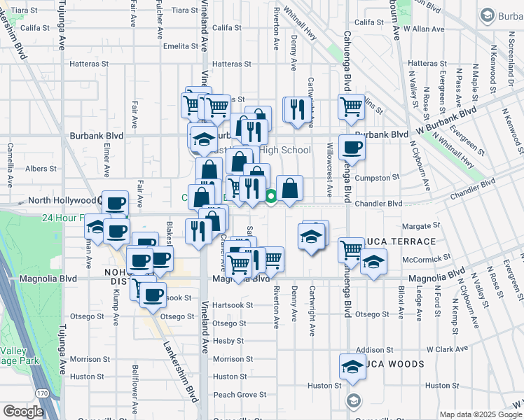 map of restaurants, bars, coffee shops, grocery stores, and more near 10822 Chandler Boulevard in Los Angeles