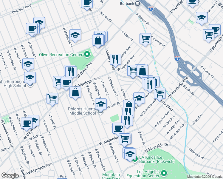 map of restaurants, bars, coffee shops, grocery stores, and more near 417 South Glenwood Place in Burbank