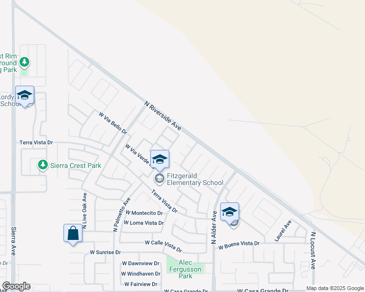 map of restaurants, bars, coffee shops, grocery stores, and more near 2411 West Sunnyview Drive in Rialto