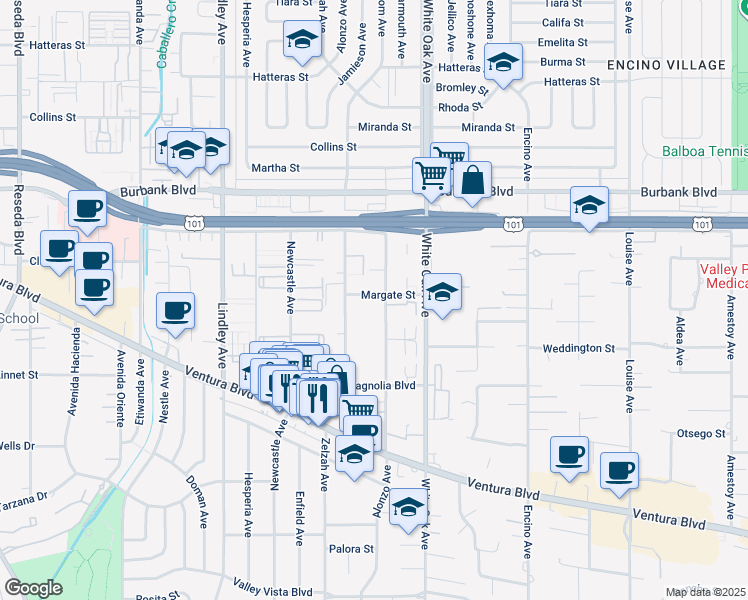 map of restaurants, bars, coffee shops, grocery stores, and more near 5353 Yarmouth Avenue in Los Angeles
