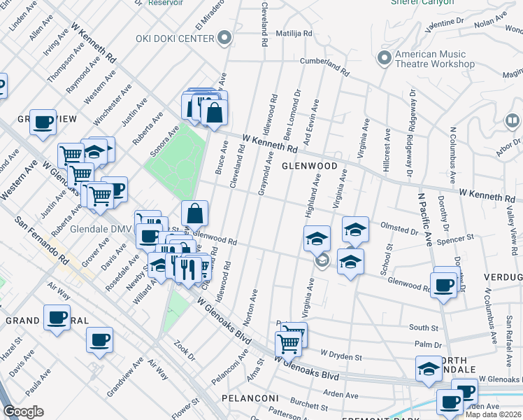 map of restaurants, bars, coffee shops, grocery stores, and more near 1350 Graynold Avenue in Glendale