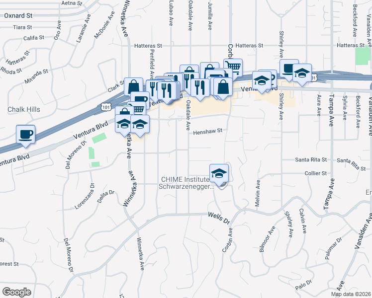 map of restaurants, bars, coffee shops, grocery stores, and more near 5403 Oakdale Avenue in Los Angeles