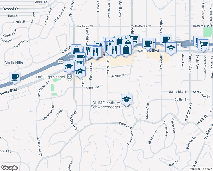 map of restaurants, bars, coffee shops, grocery stores, and more near 19825 Santa Rita Street in Los Angeles