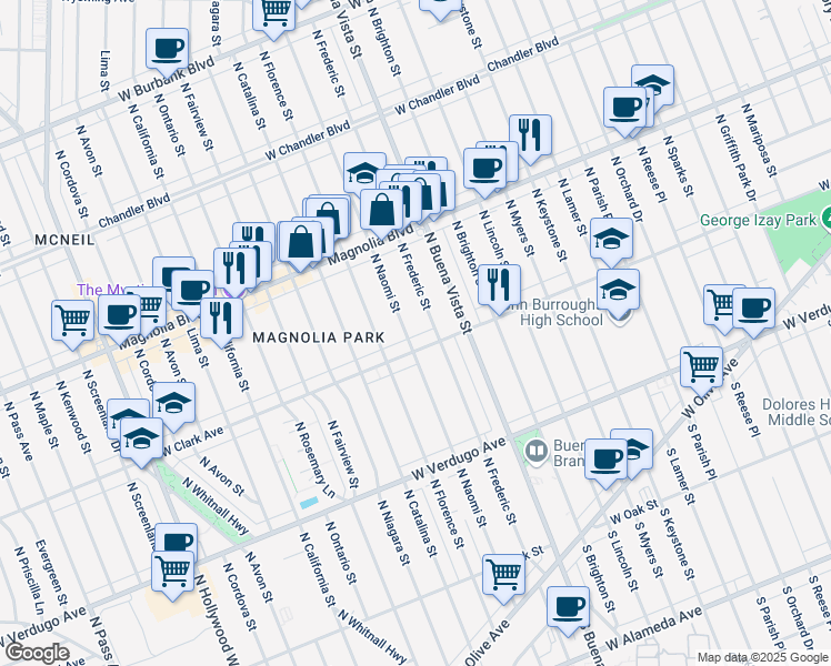 map of restaurants, bars, coffee shops, grocery stores, and more near 614 North Naomi Street in Burbank
