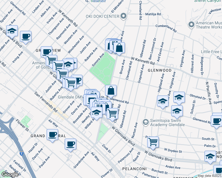 map of restaurants, bars, coffee shops, grocery stores, and more near 1328 Grandview Avenue in Glendale