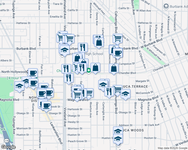 map of restaurants, bars, coffee shops, grocery stores, and more near Riverton Avenue in Los Angeles