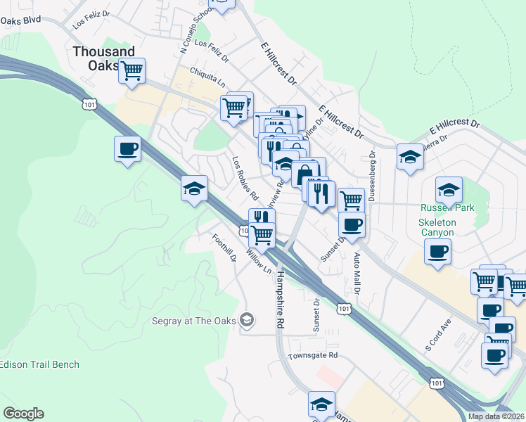map of restaurants, bars, coffee shops, grocery stores, and more near 2990 Los Robles Road in Thousand Oaks
