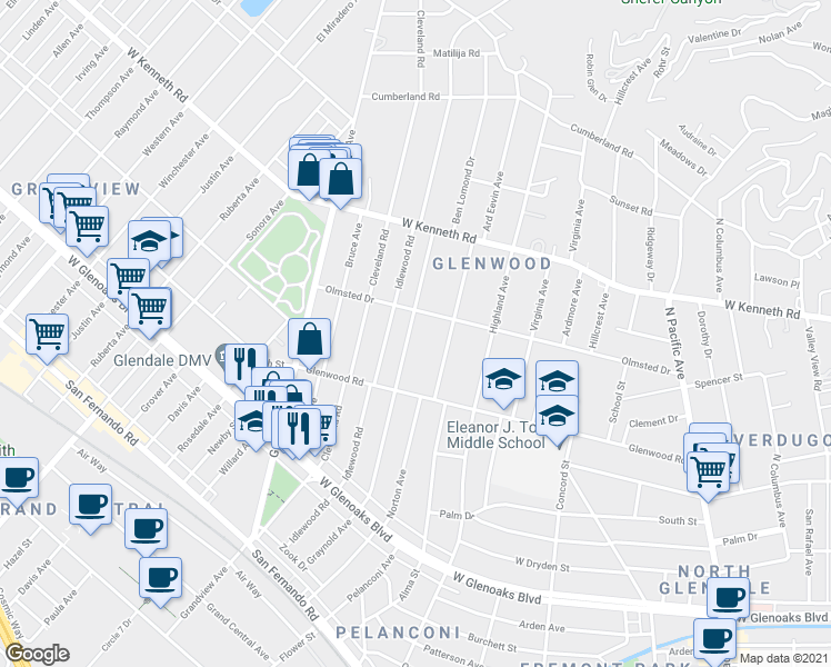 map of restaurants, bars, coffee shops, grocery stores, and more near 1350 Graynold Avenue in Glendale