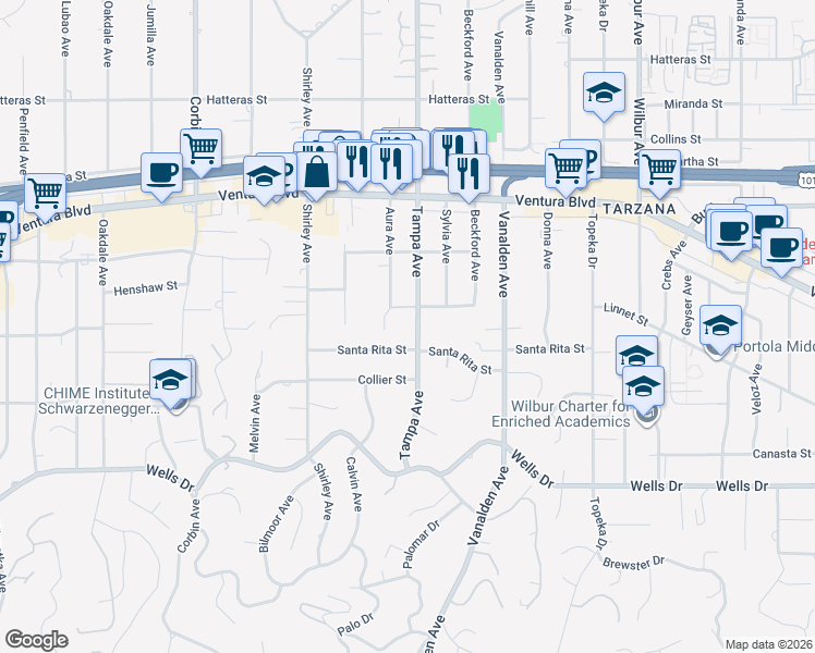 map of restaurants, bars, coffee shops, grocery stores, and more near 5349 Tampa Avenue in Los Angeles