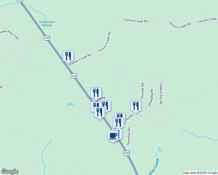 map of restaurants, bars, coffee shops, grocery stores, and more near 406 Orca Road in Broken Bow