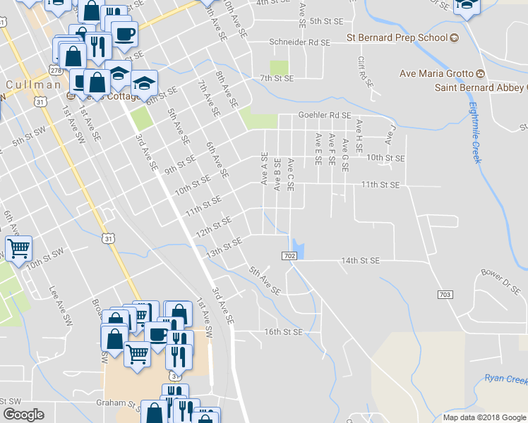 map of restaurants, bars, coffee shops, grocery stores, and more near 1202 Avenue A Southeast in Cullman