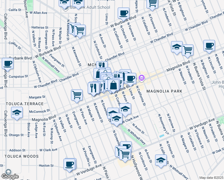 map of restaurants, bars, coffee shops, grocery stores, and more near 1012 North Hollywood Way in Burbank