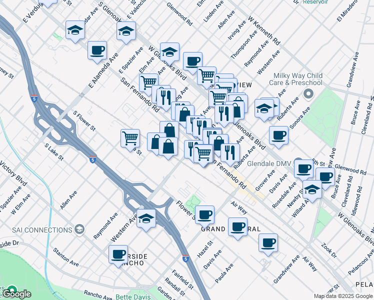 map of restaurants, bars, coffee shops, grocery stores, and more near 917 Western Avenue in Glendale