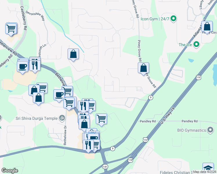 map of restaurants, bars, coffee shops, grocery stores, and more near 2715 Cottage View Way in Cumming