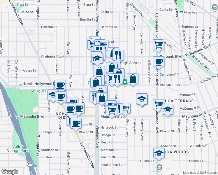 map of restaurants, bars, coffee shops, grocery stores, and more near Cleon Avenue in Los Angeles