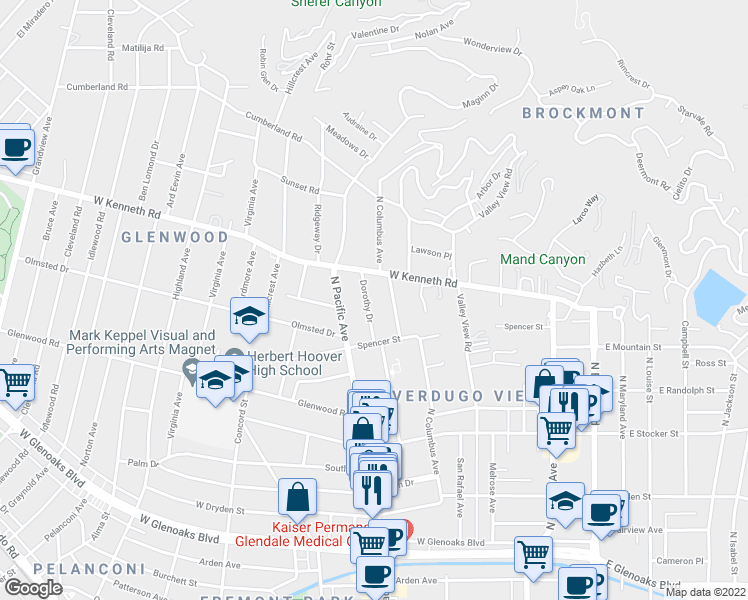 map of restaurants, bars, coffee shops, grocery stores, and more near 1440 Dorothy Drive in Glendale