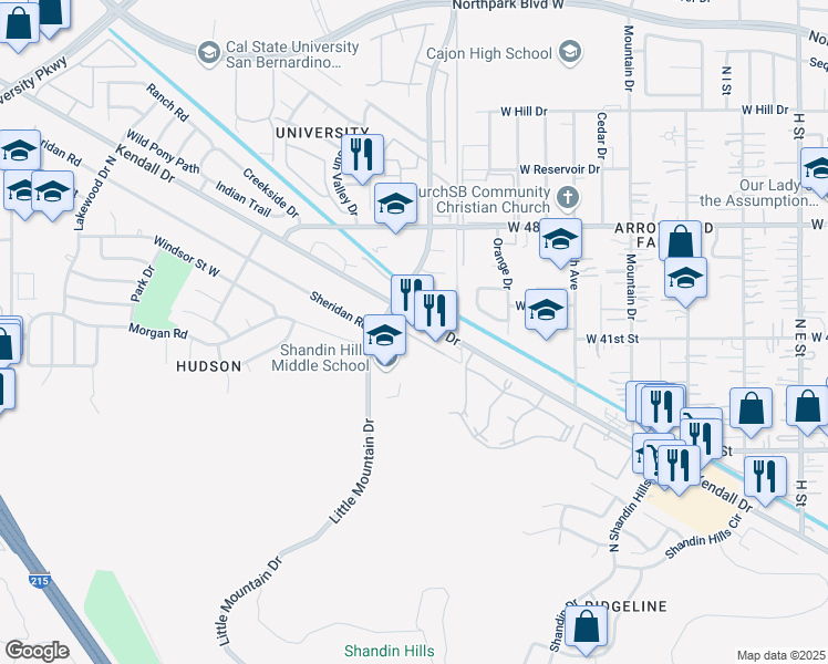 map of restaurants, bars, coffee shops, grocery stores, and more near 1357 Kendall Drive in San Bernardino