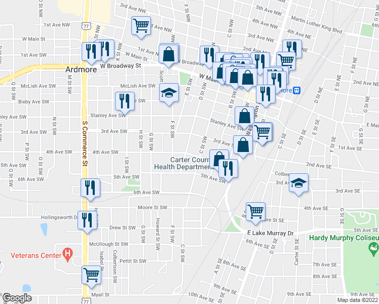 map of restaurants, bars, coffee shops, grocery stores, and more near 330 D Street Southwest in Ardmore