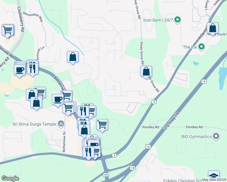 map of restaurants, bars, coffee shops, grocery stores, and more near 2665 Cottage View Way in Cumming