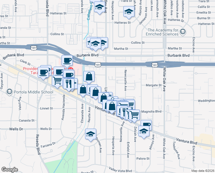 map of restaurants, bars, coffee shops, grocery stores, and more near 5354 Lindley Avenue in Los Angeles